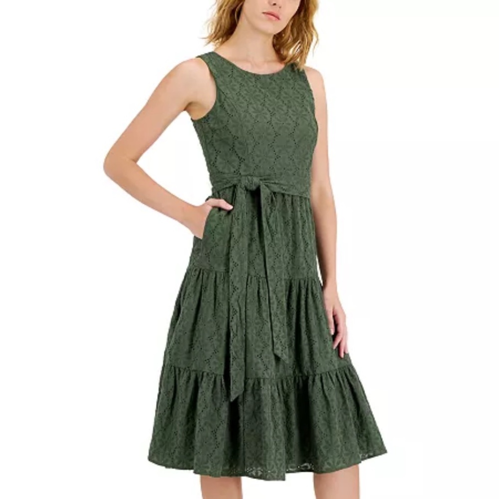 Tahari ASL Green Cotton Eyelet Midi Dress